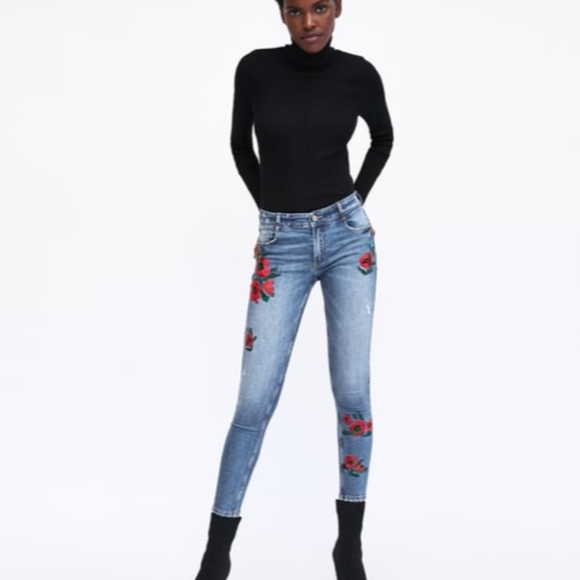 Zara Skinny Jeans Flowers Embroidered EUR 32 XS 0 - Picture 3 of 7